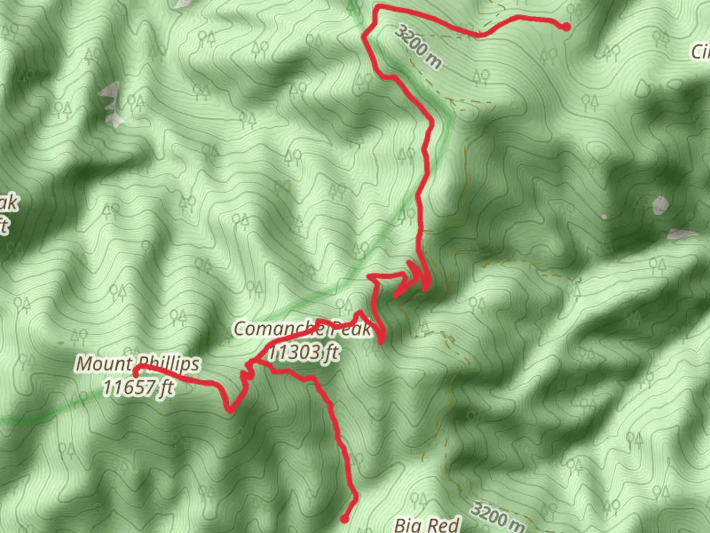 An image depicting the trail Whistle Punk Camp, Mount Philips and Red Hills Camp and its surrounding area.