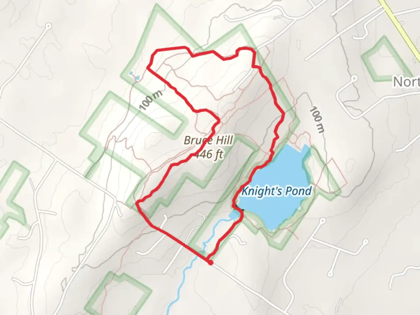 An image depicting the trail Bruce Hill - Knight's Pond Loop and its surrounding area.