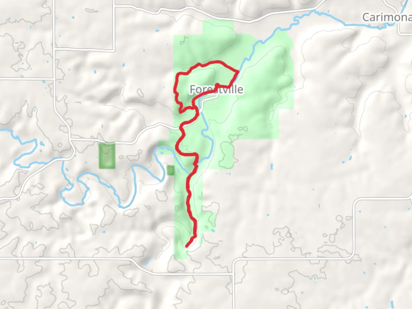 An image depicting the trail River Bottoms, Maple Ridge and Big Spring Loop Trail and its surrounding area.