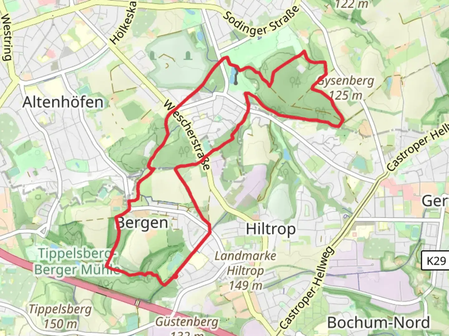 An image depicting the trail Rund um Bochum and Gysenberg Rundweg A2 and its surrounding area.