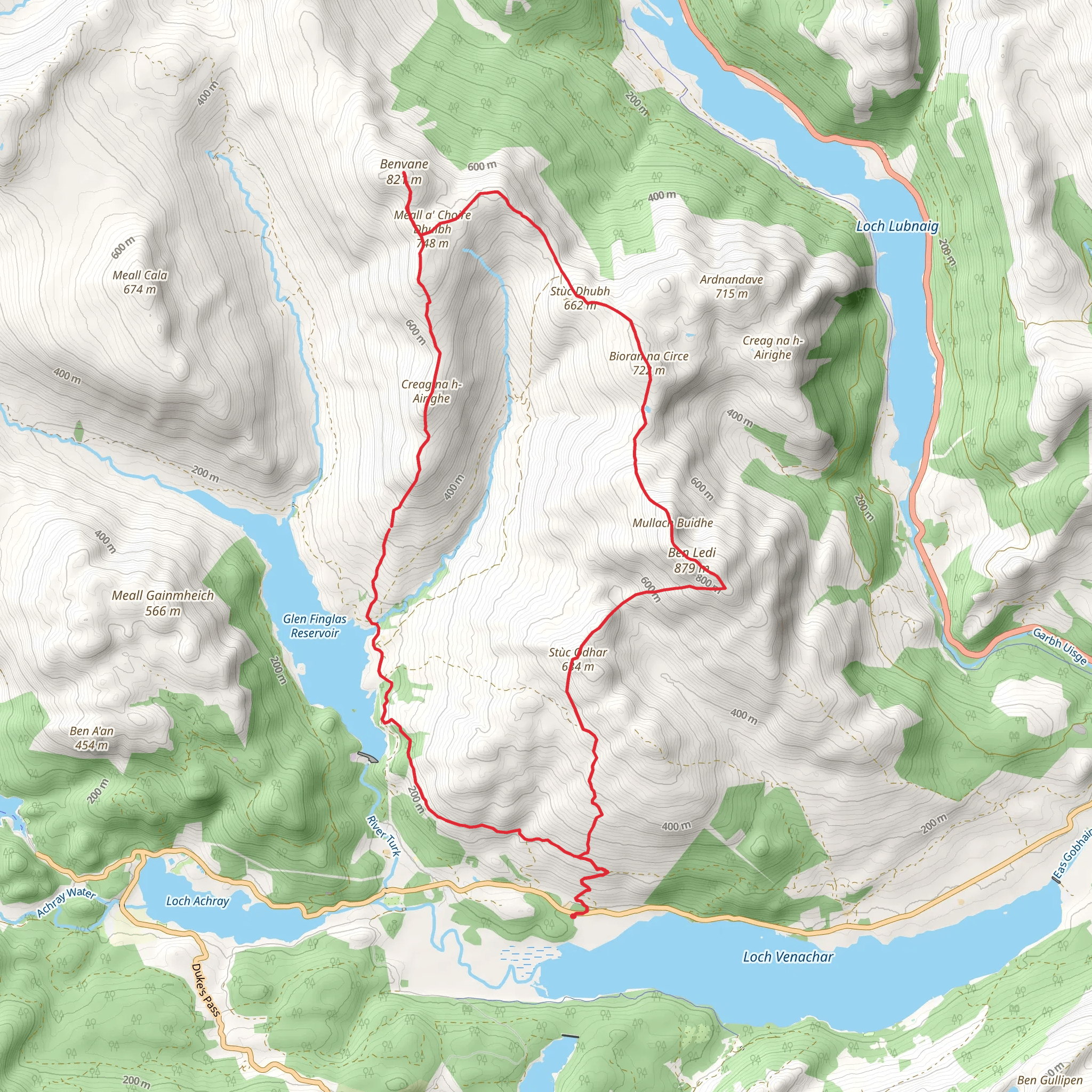 Ben Ledi and Benvane Loop via Glen Finglas Reservoir mobile static map