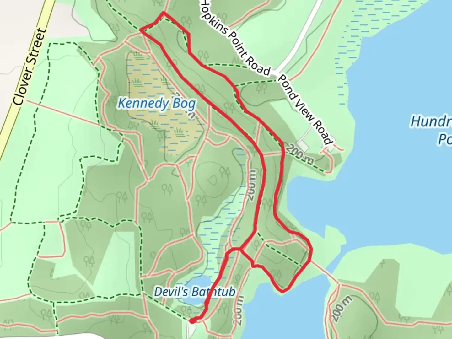 An image depicting the trail Hundred Acre Pond Loop and its surrounding area.