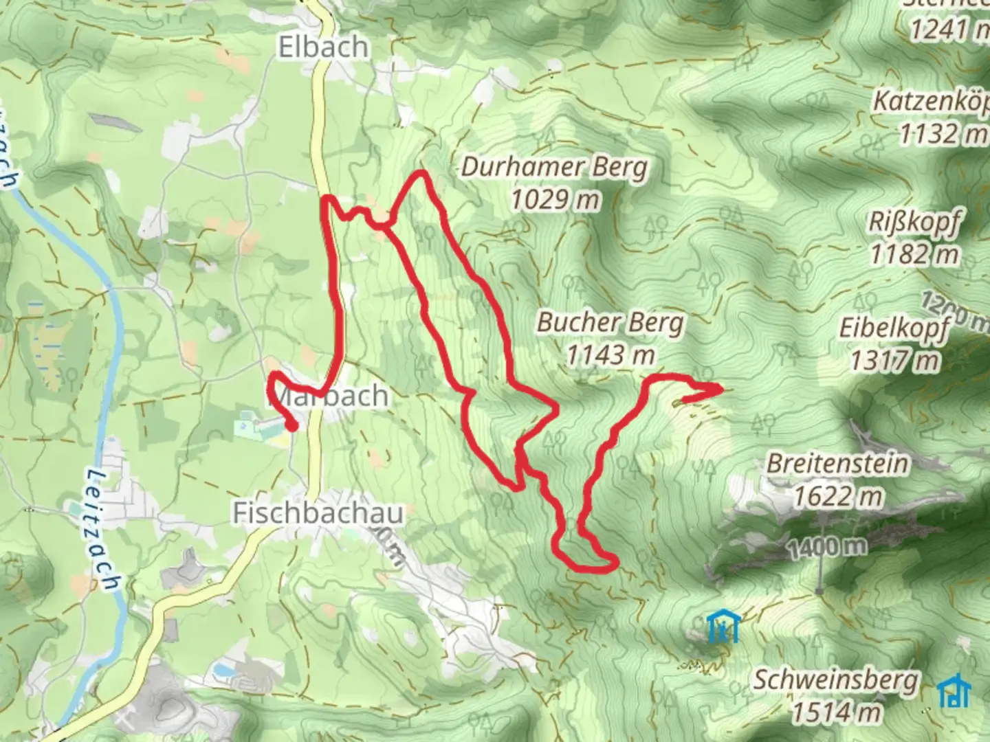 An image depicting the trail Buchberg, Birkenstein and Bucher Alm Loop and its surrounding area.