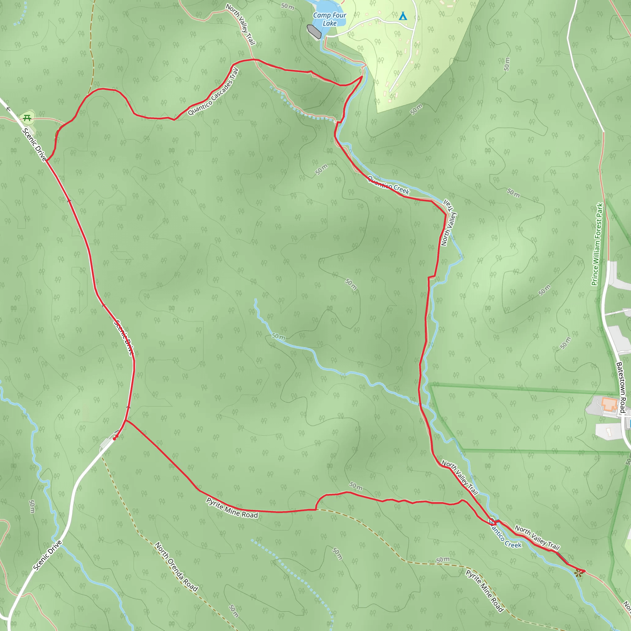 Cabin Branch Pyrite Mine Trail, North Valley and Quantico Cascades Loop Trail mobile static map