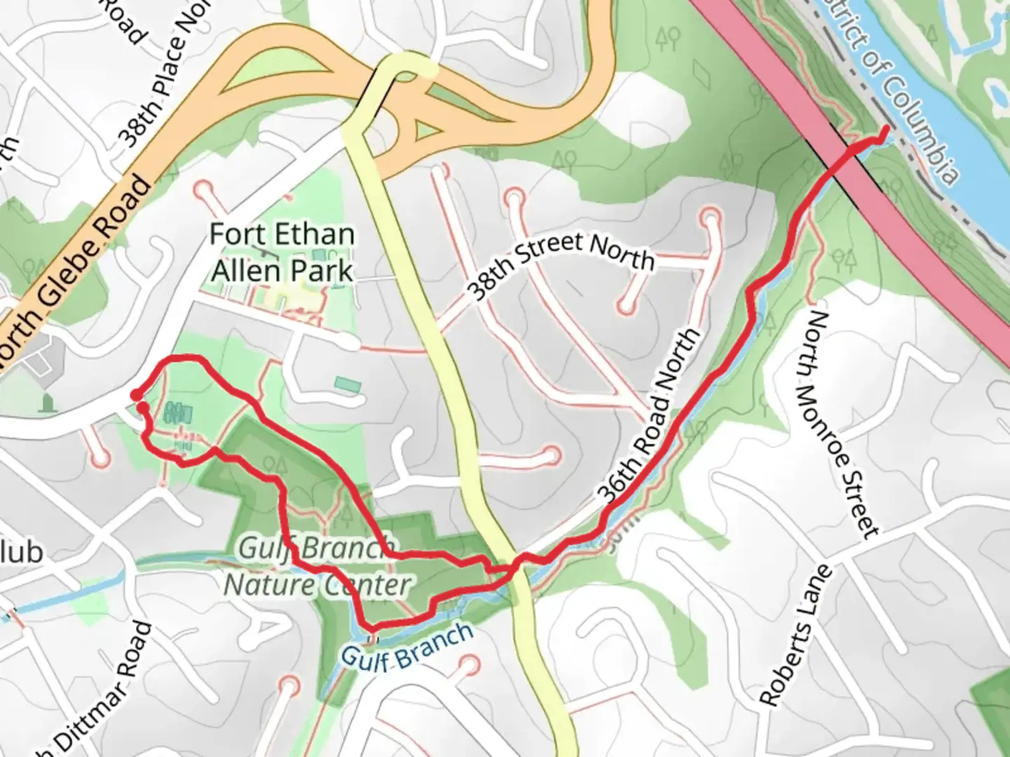 An image depicting the trail Glebe Road Park and Gulf Branch Trail and its surrounding area.