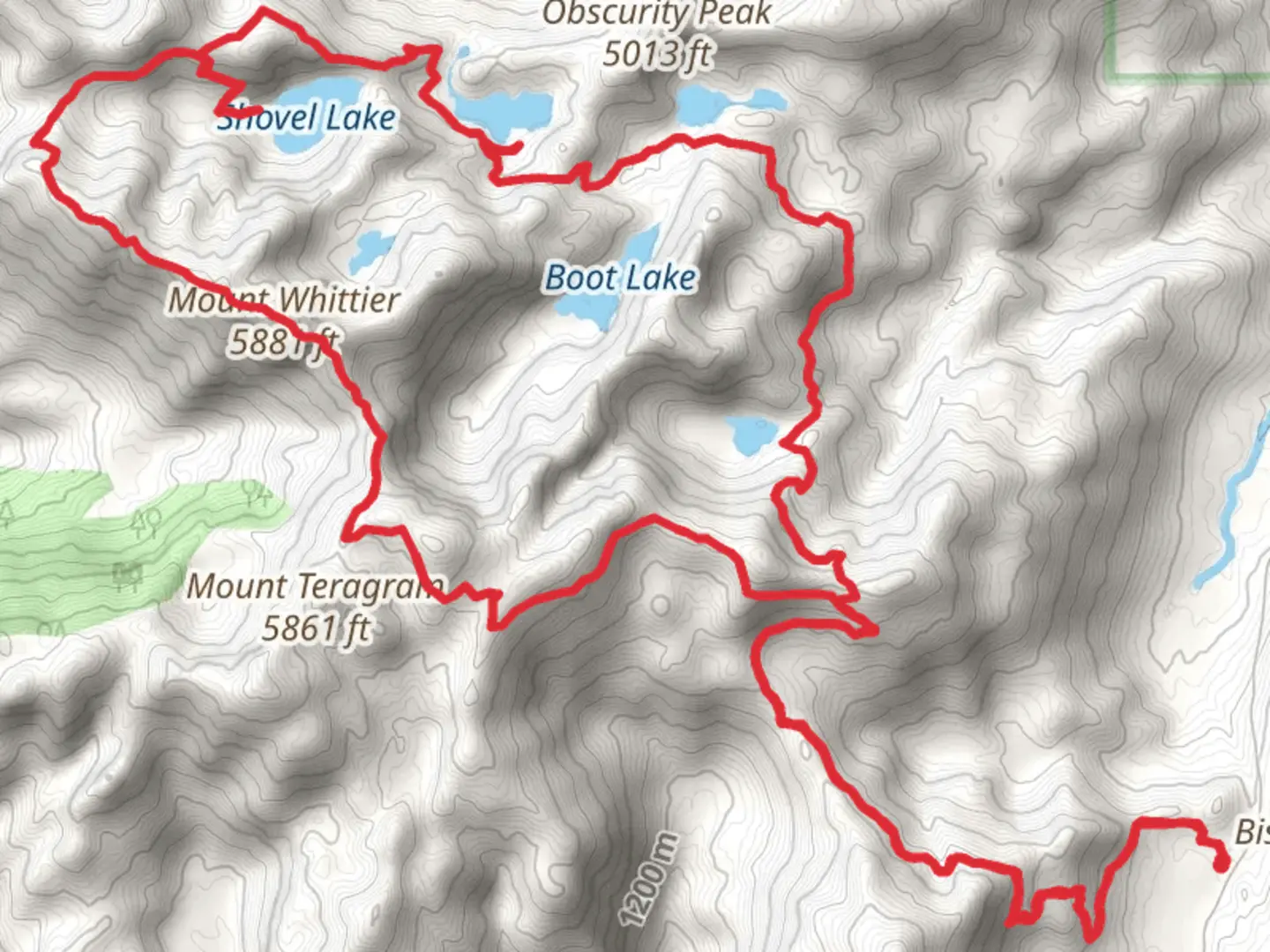 An image depicting the trail Whittier Ridge Trail and Lakes Trail and its surrounding area.