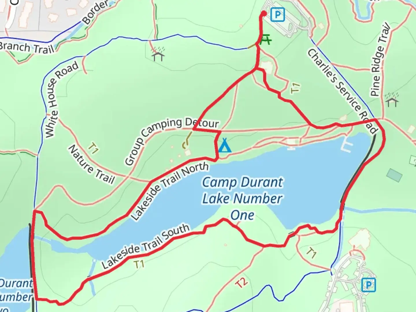 An image depicting the trail Camp Durant Lake Number One Loop and its surrounding area.