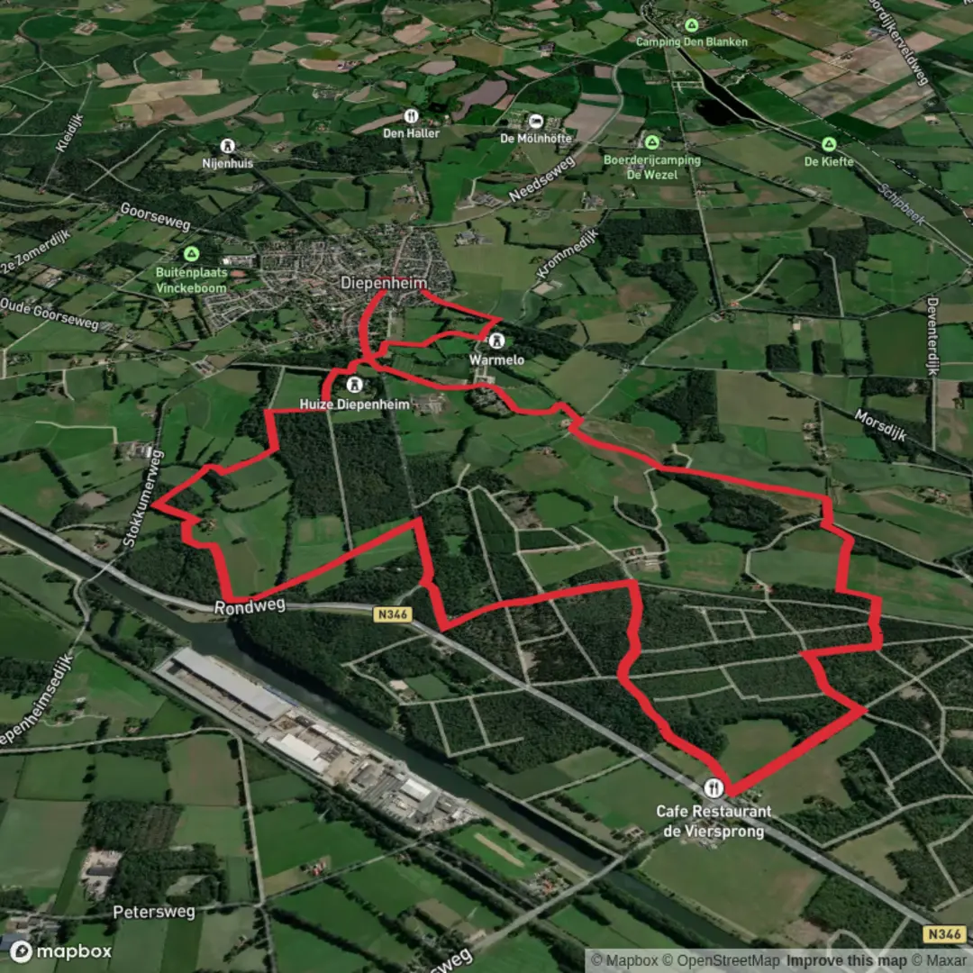 An image depicting the trail Kasteel Warmelo, De Viersprongand Hogelaar Loop and its surrounding area.