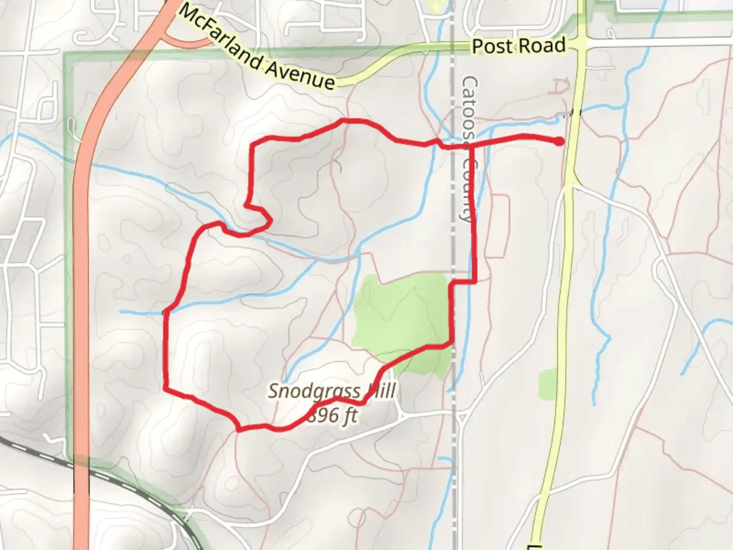 An image depicting the trail Snodgrass Hill Loop from Lafayette Highway and its surrounding area.