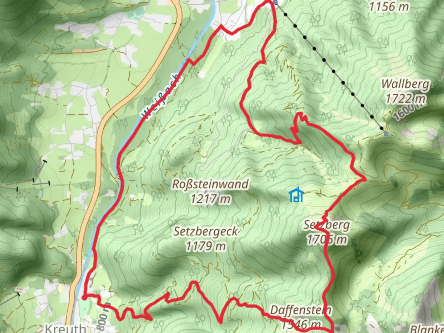 An image depicting the trail Kreuth Loop via Setzberg and its surrounding area.