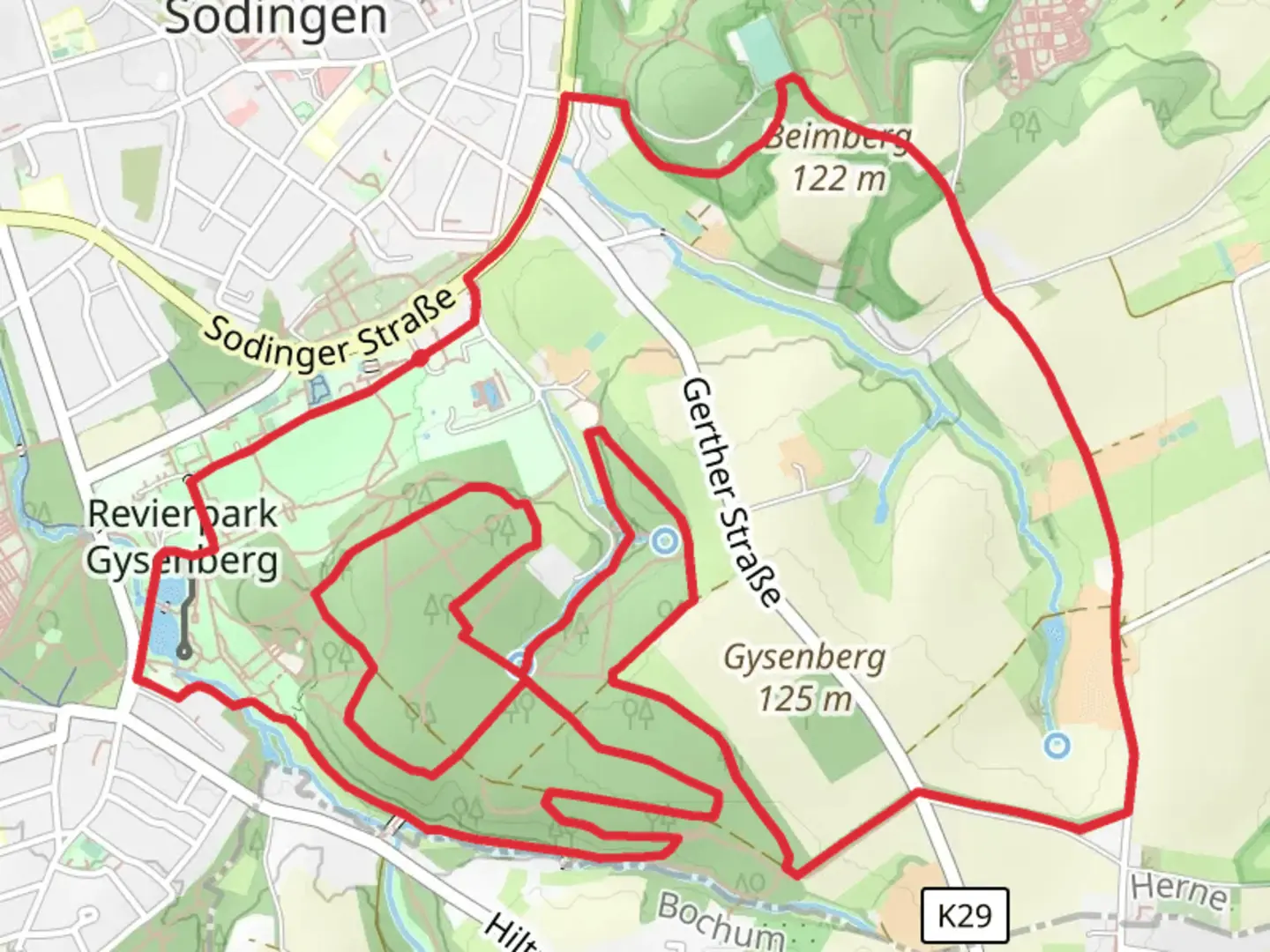 An image depicting the trail Riverpark Gysenberg via Gysenberg Rundweg and its surrounding area.