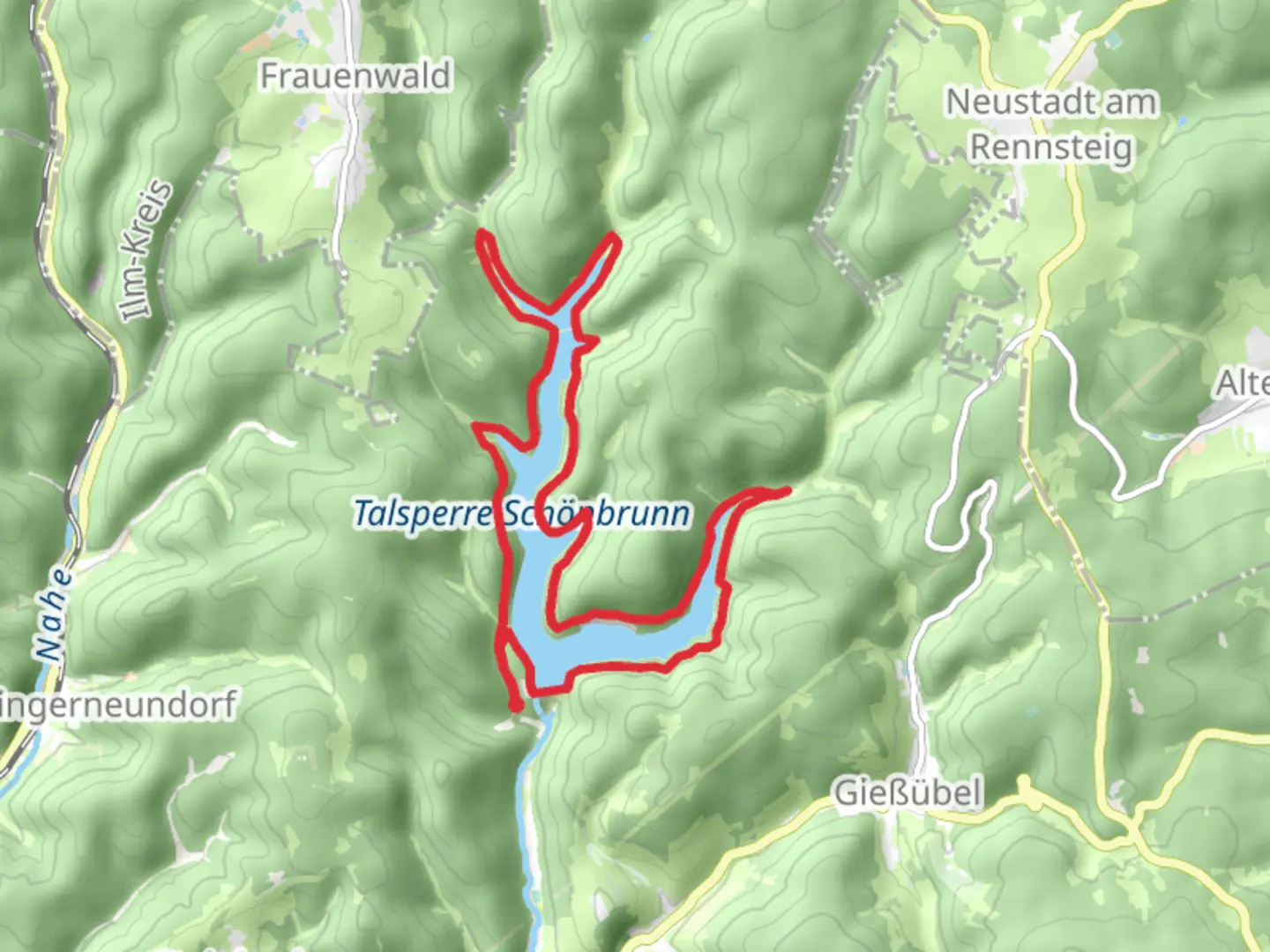An image depicting the trail Talsperre Schonbrunn Loop and its surrounding area.