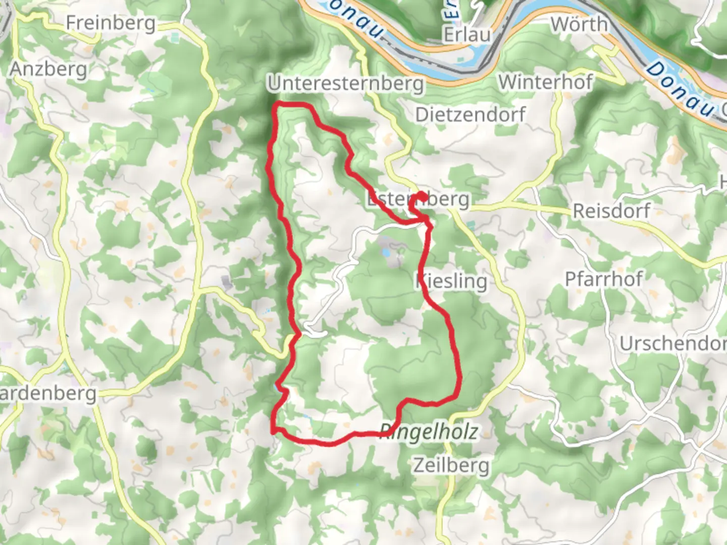 An image depicting the trail Esternberg Kößlbach Loop and its surrounding area.
