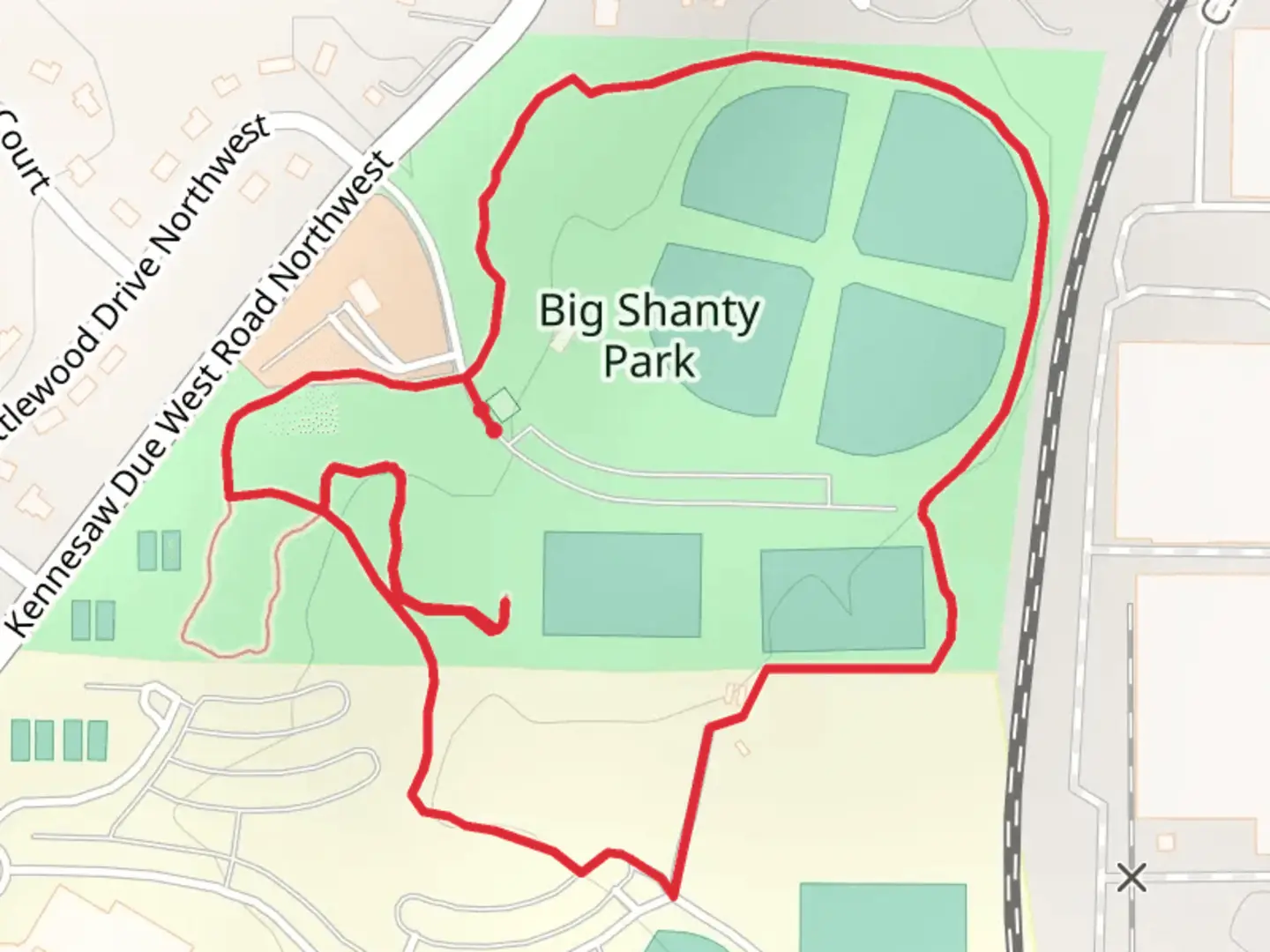 An image depicting the trail Big Shanty Park Loop and its surrounding area.