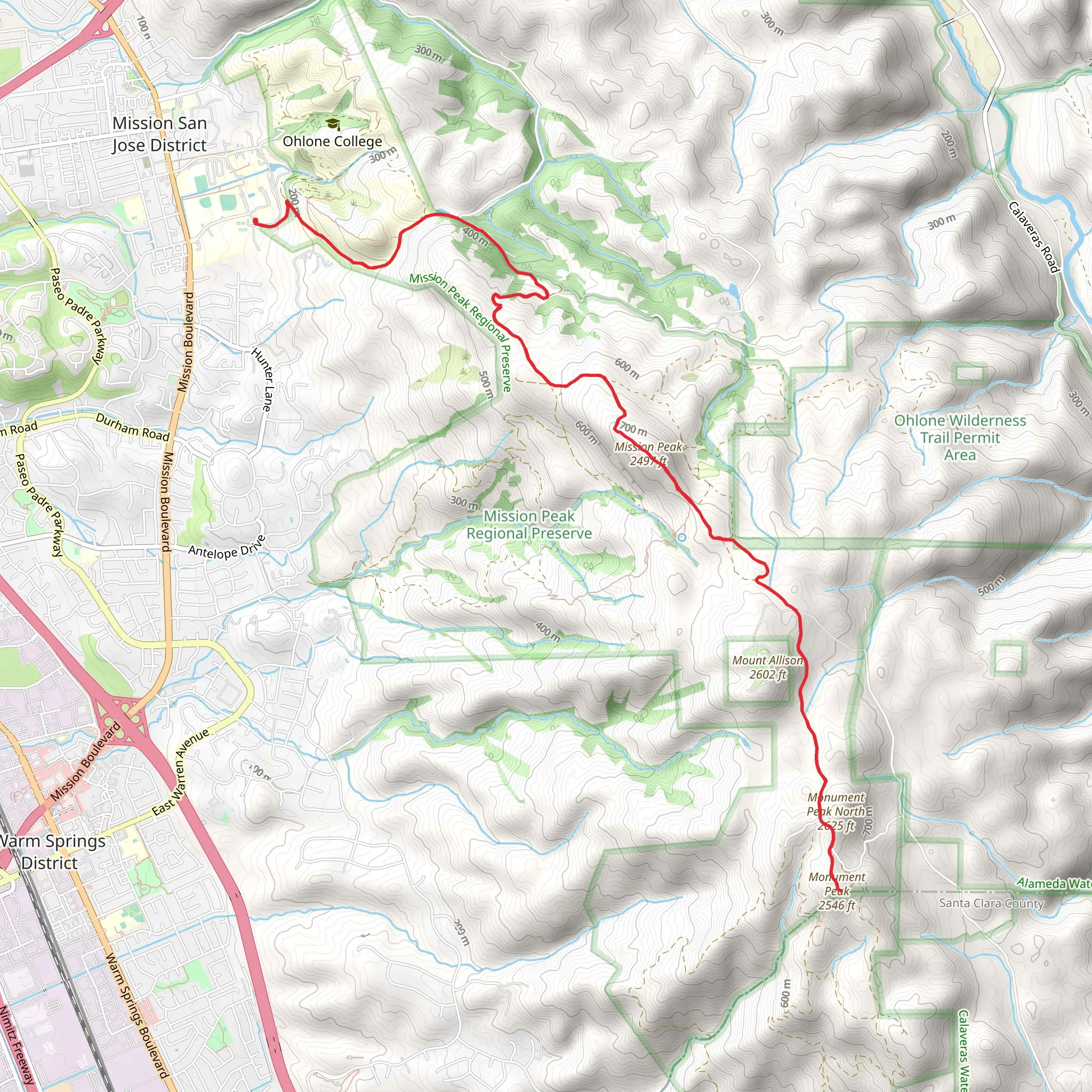 Mission Peak and Monument Peak Trail mobile static map