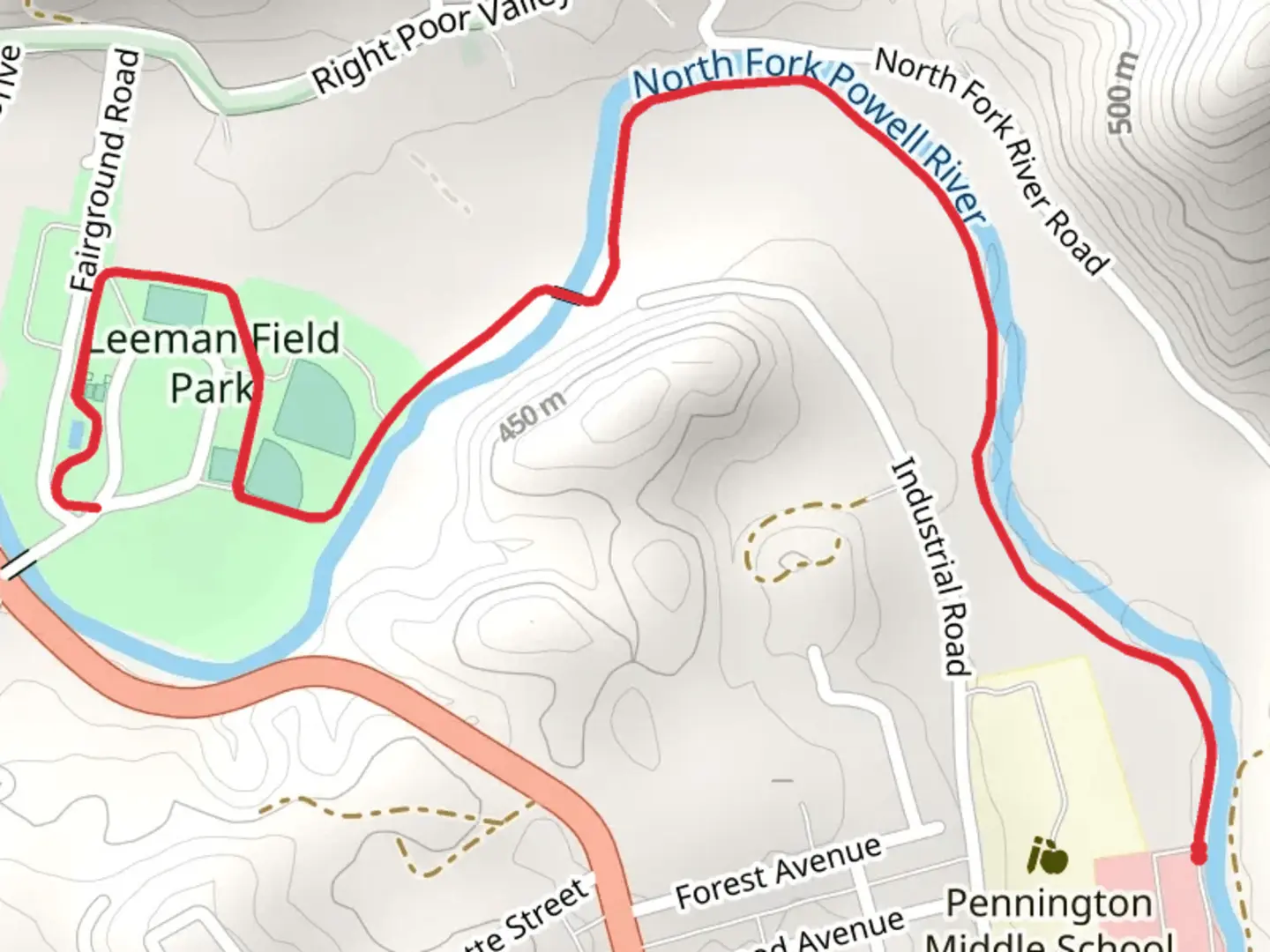 An image depicting the trail Leeman Field Park and its surrounding area.