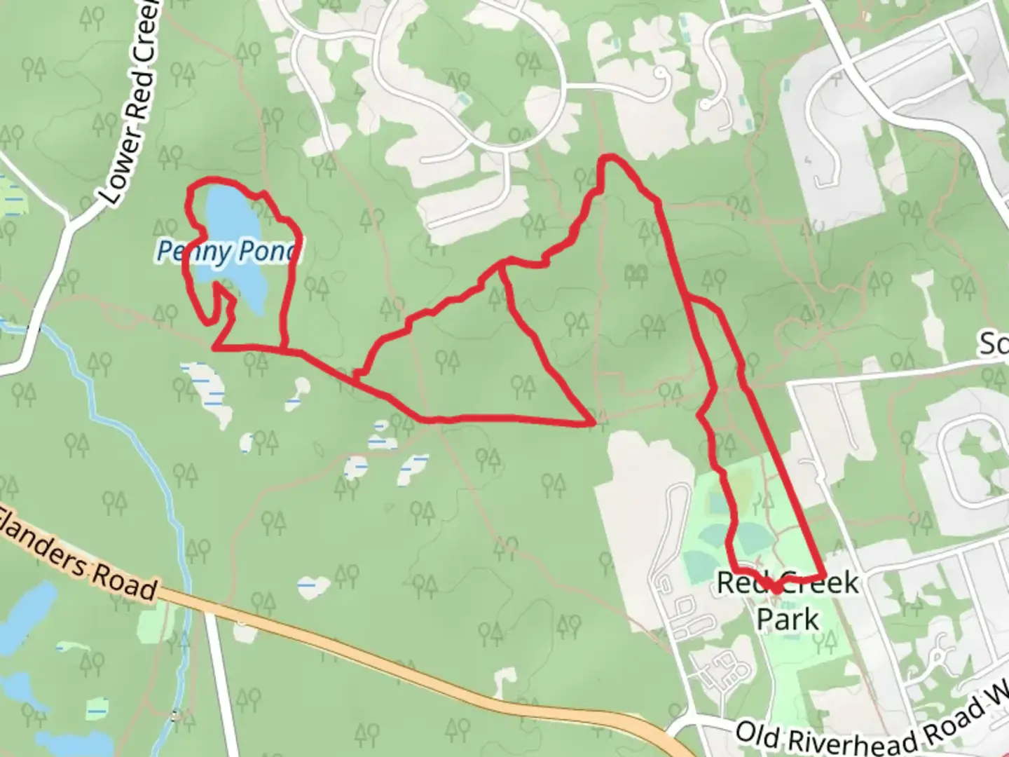 An image depicting the trail Penny Pond via Paumanok Path and its surrounding area.