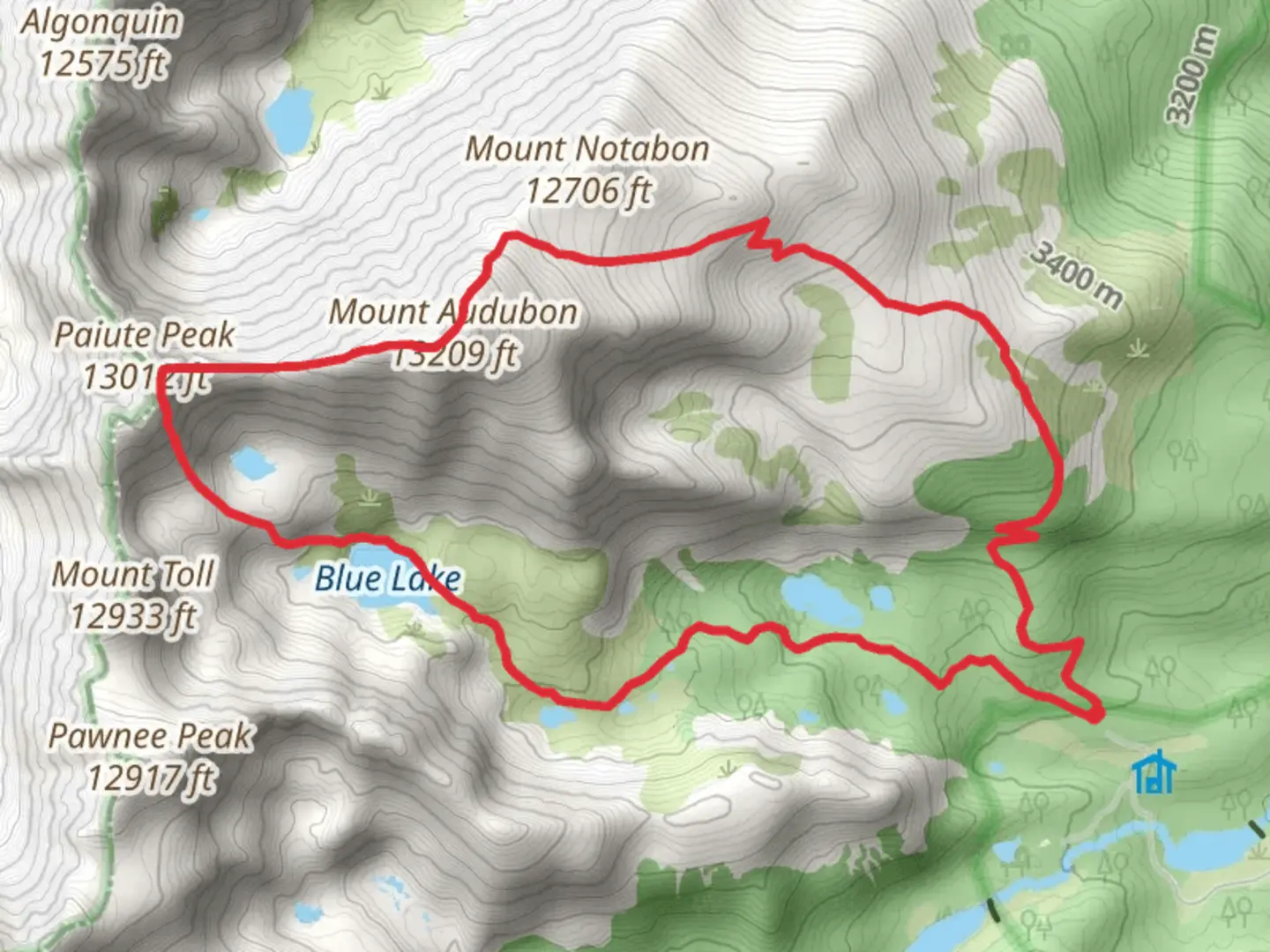 An image depicting the trail Beaver Creek, Mount Audubon, Paiute Peak and Blue Lake Loop Trail and its surrounding area.