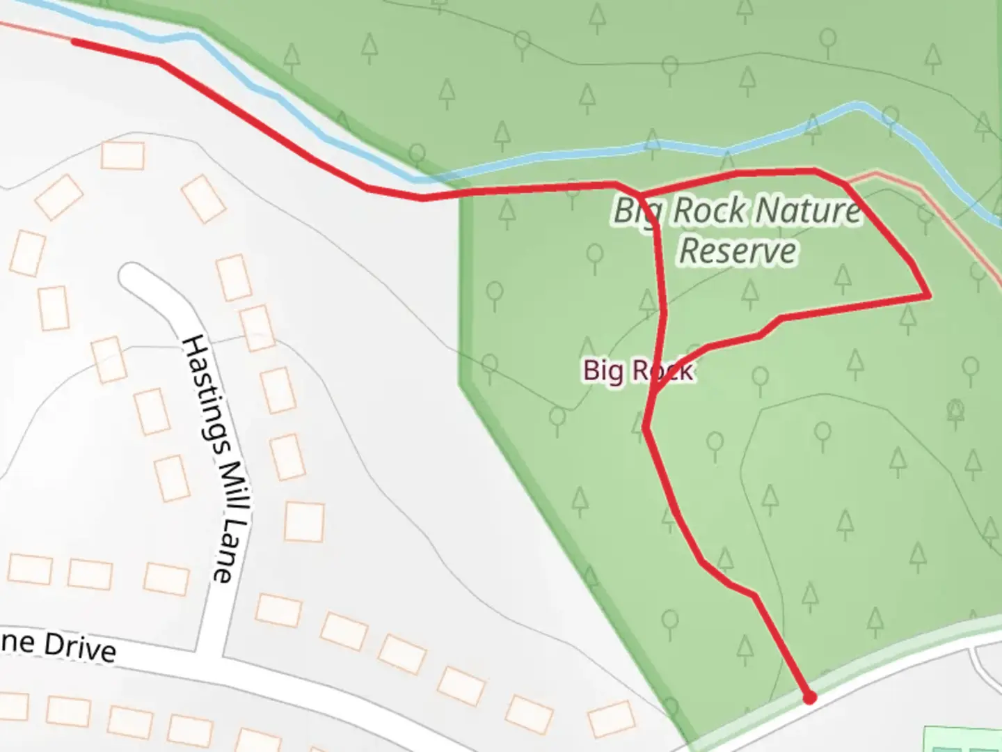 An image depicting the trail Big Rock Nature Reserve Loop and its surrounding area.