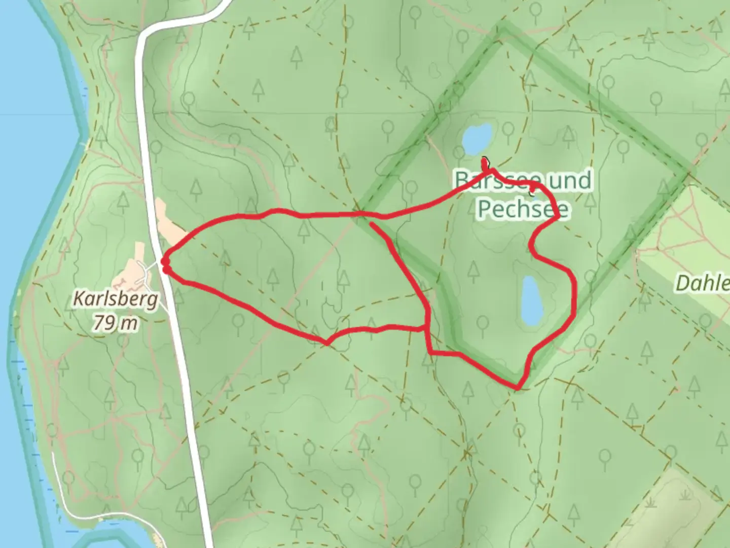 An image depicting the trail Gluecksfall Pechsee, Explosion der Artenvielfalt and Aussicht Loop via Berlin Wald Klima and its surrounding area.
