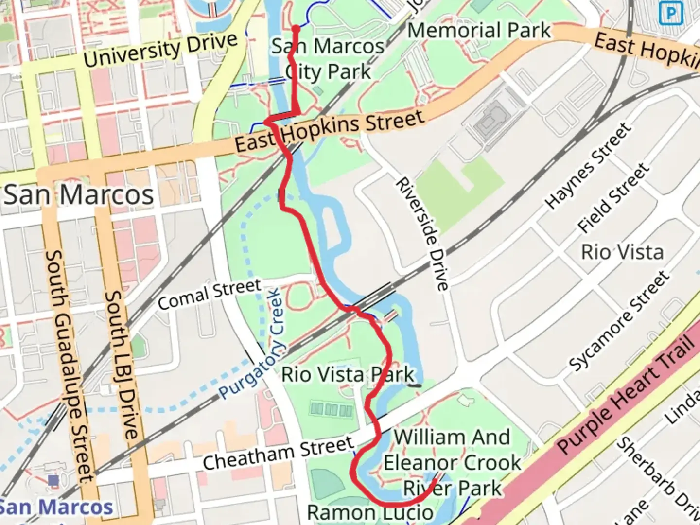 An image depicting the trail San Marcos River Walk and its surrounding area.