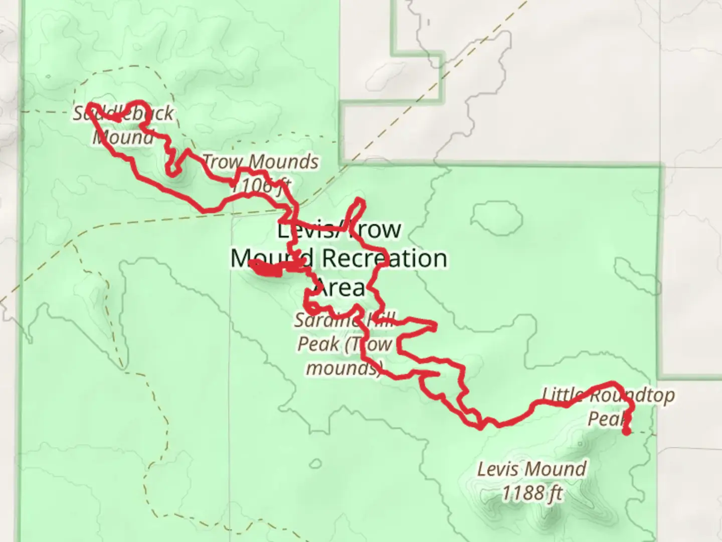 An image depicting the trail Trow Mounds, Goat Dance and Saddleback Mound via Secret Trail and its surrounding area.