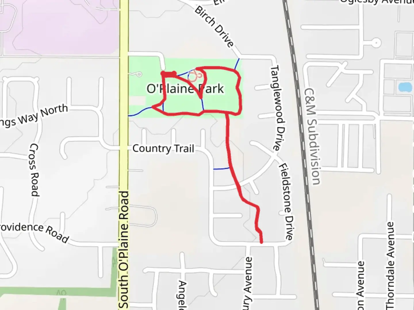 An image depicting the trail O'Plaine Park Loop and its surrounding area.