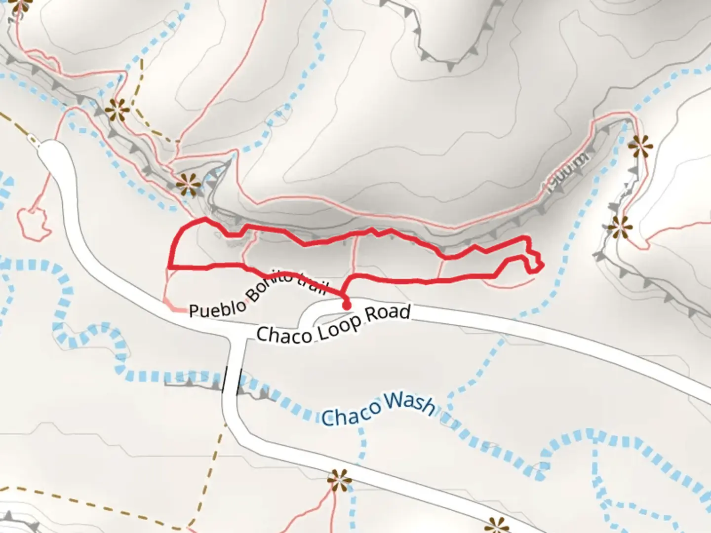 An image depicting the trail Pueblo Bonito Trail, Pictographs Trail and Chetro Ketl Trail Loop and its surrounding area.