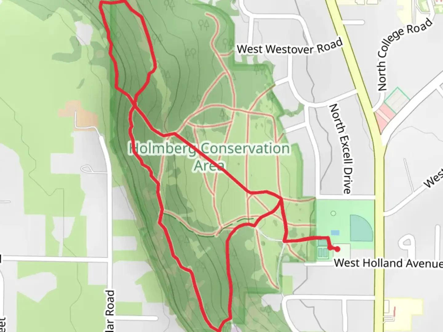 An image depicting the trail Holmberg Park and its surrounding area.