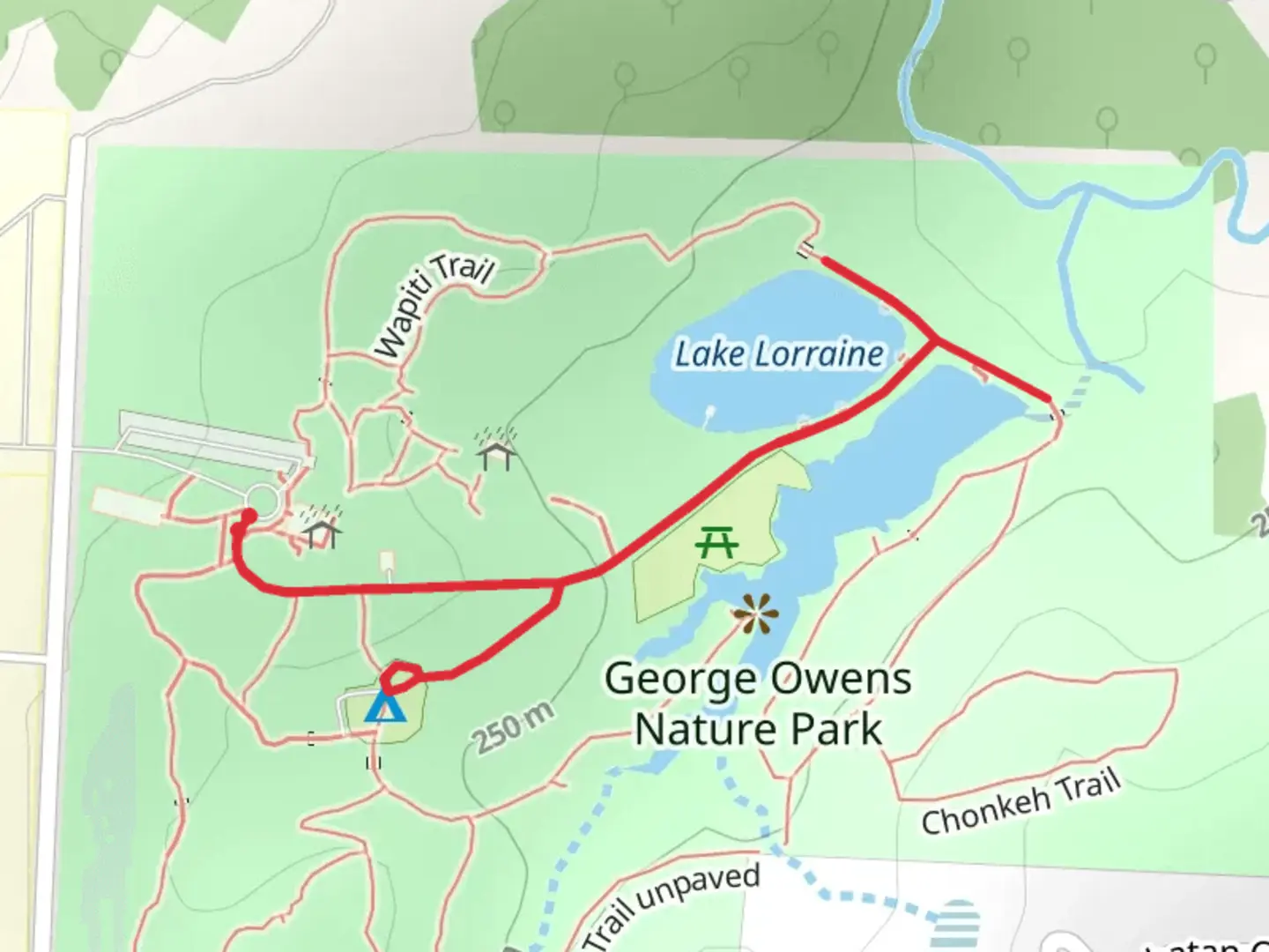 An image depicting the trail Lake Lorraine and George Nature Park and its surrounding area.