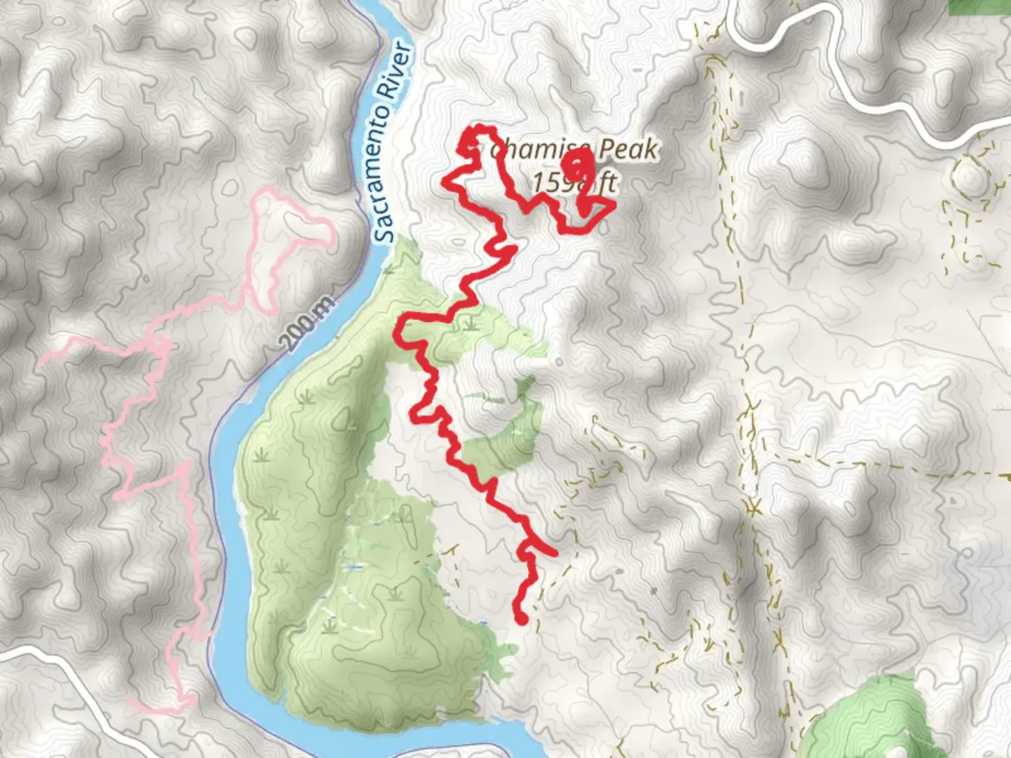An image depicting the trail Chamise Peak via Flanagan Trail Out and Back and its surrounding area.