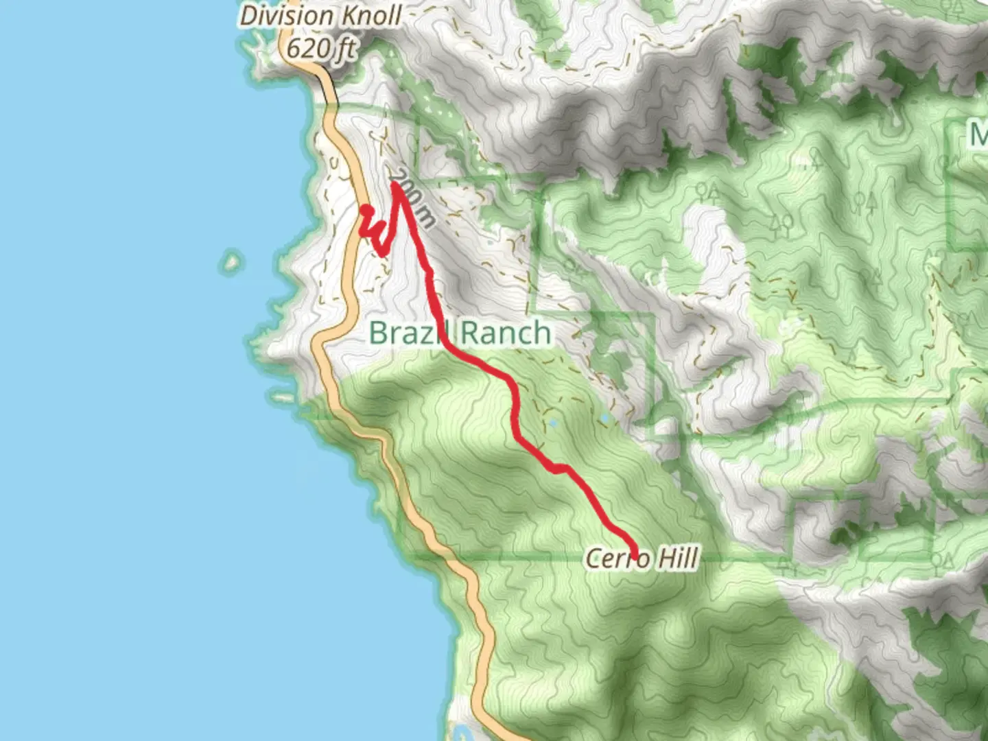 An image depicting the trail Cerro Hill via Brazil Ranch Trail and its surrounding area.