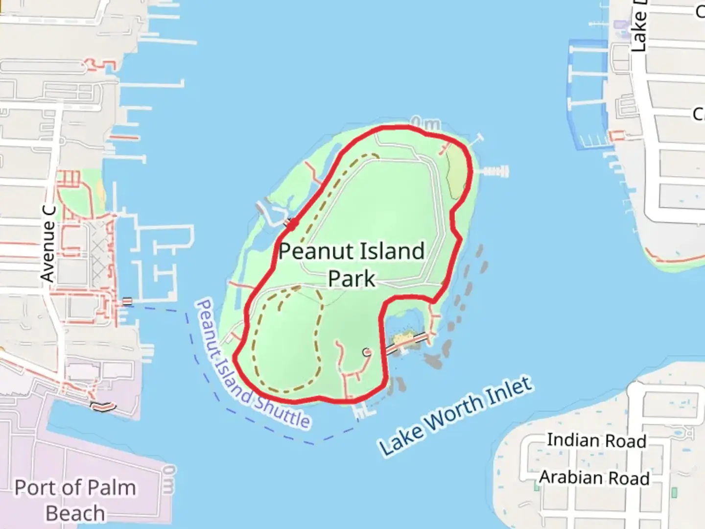 An image depicting the trail Peanut Island Park Loop and its surrounding area.