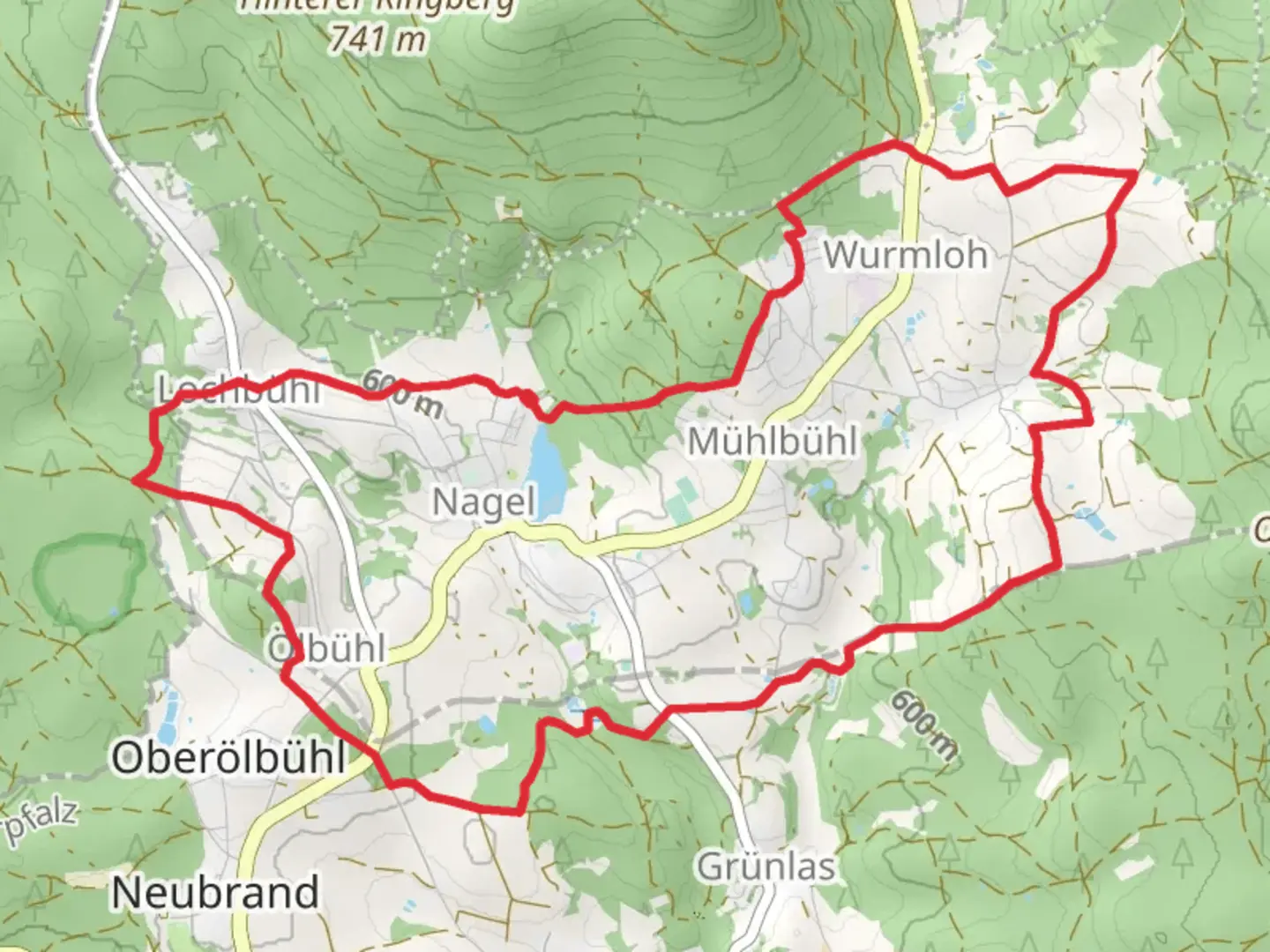 An image depicting the trail Nagler See via Brand Max Reger Weg and its surrounding area.