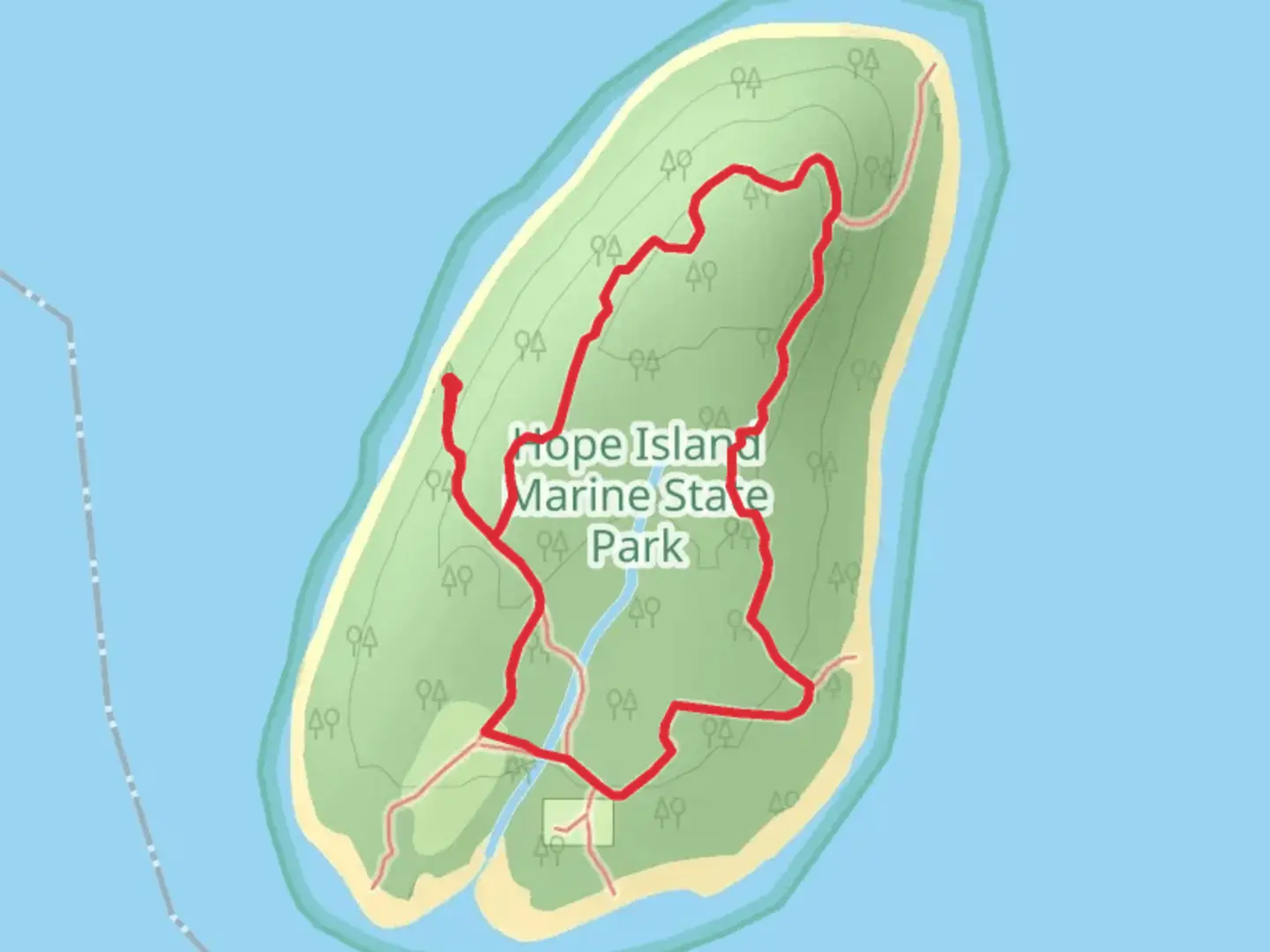 An image depicting the trail Hope Island Loop and its surrounding area.
