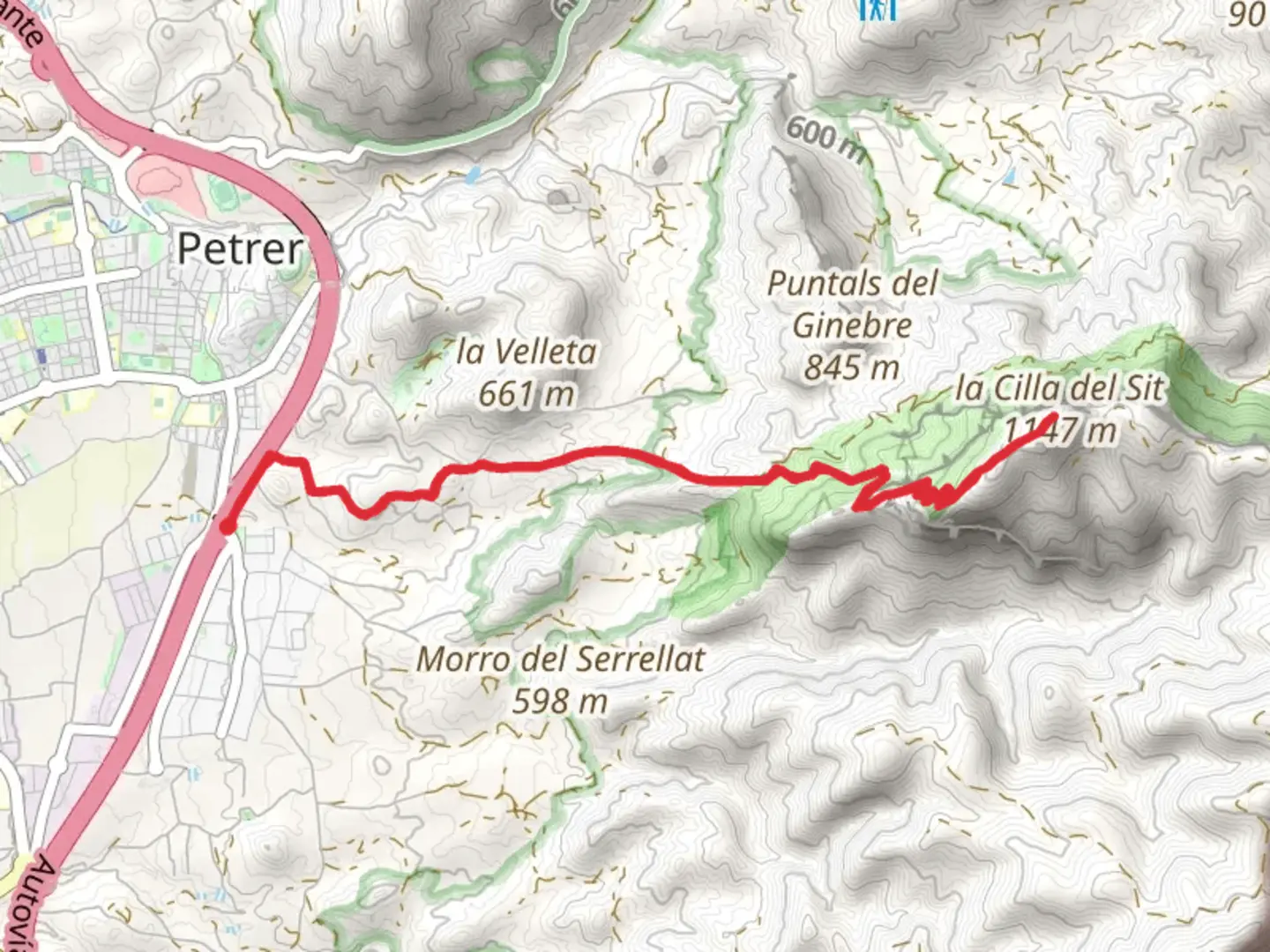 An image depicting the trail Petrer - Chair of the Cid PR CV 036 and its surrounding area.