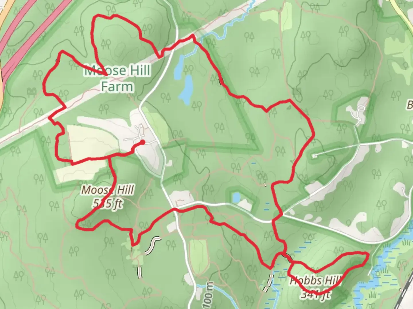 An image depicting the trail Moose Hill - Hobbs Hill Loop and its surrounding area.