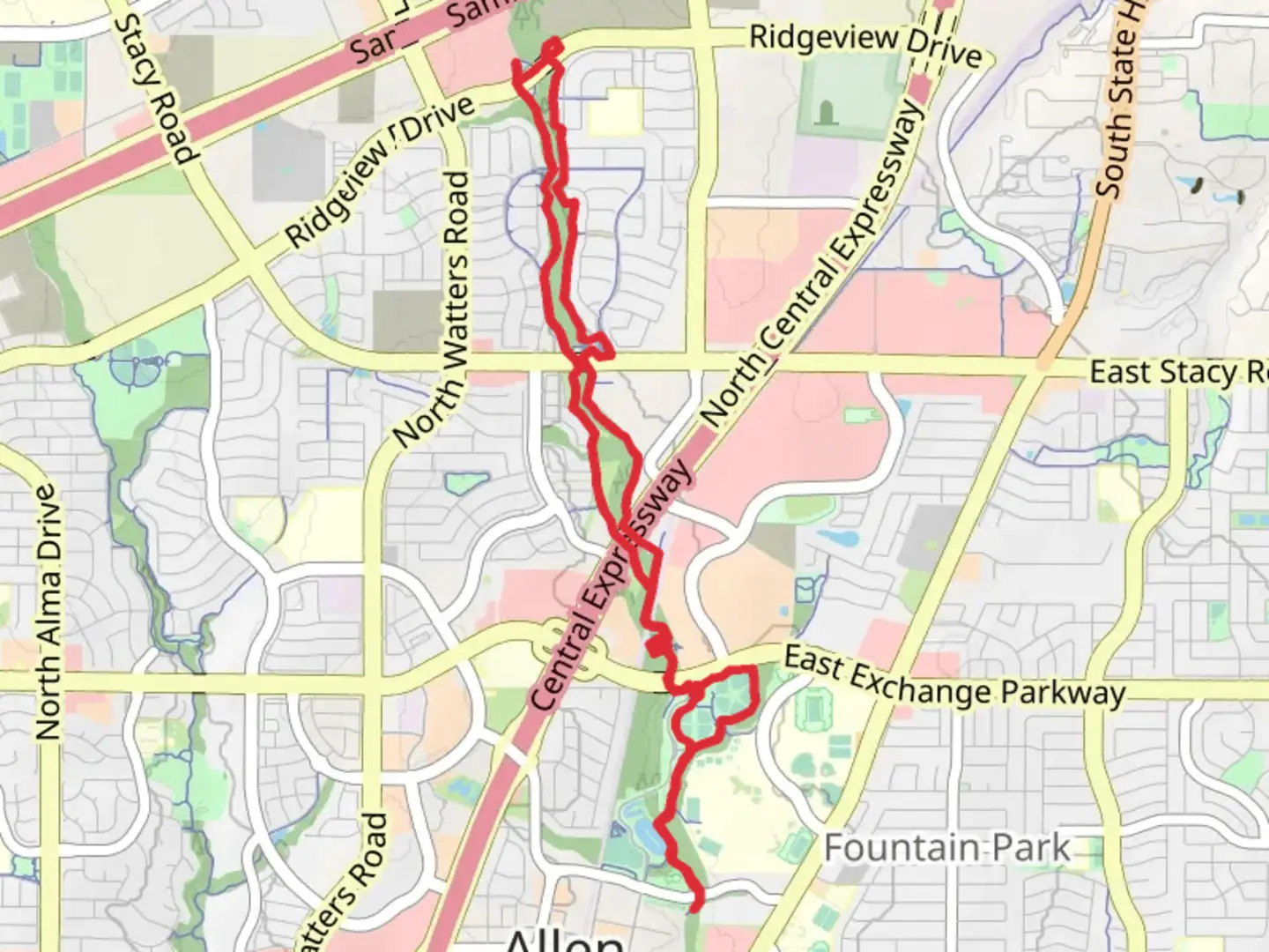An image depicting the trail Allen Station Park, Heritage Village Park and Cottonwood Creek Walk and its surrounding area.