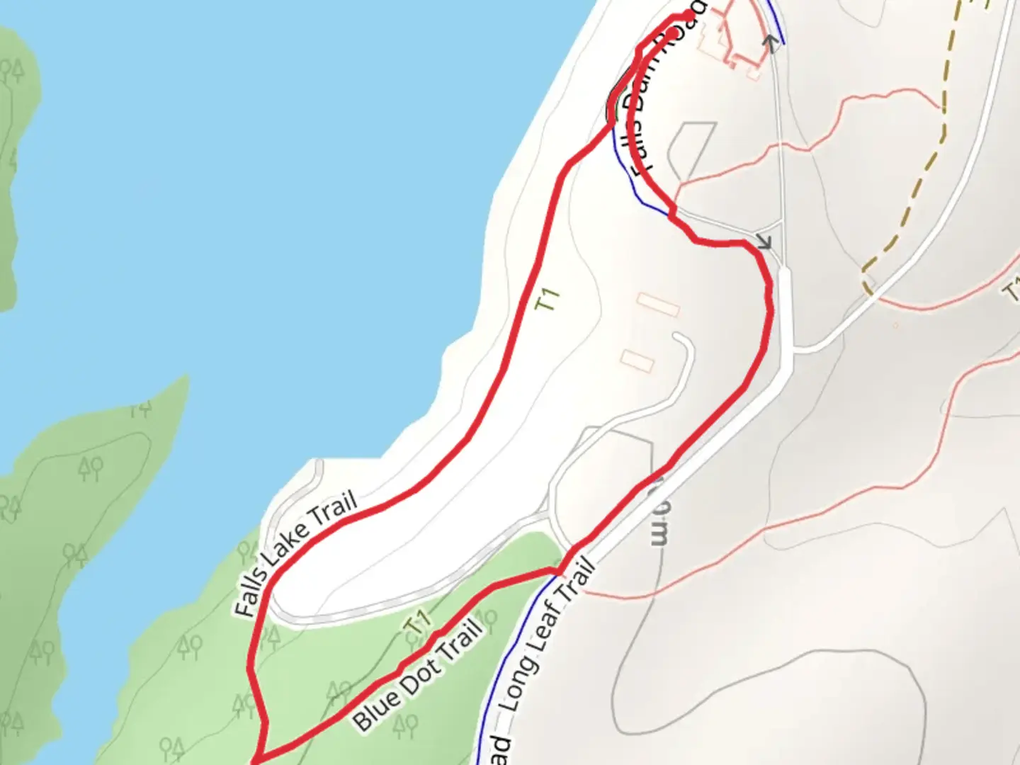 An image depicting the trail Blue Dot Trail and Falls Lake Trail and its surrounding area.