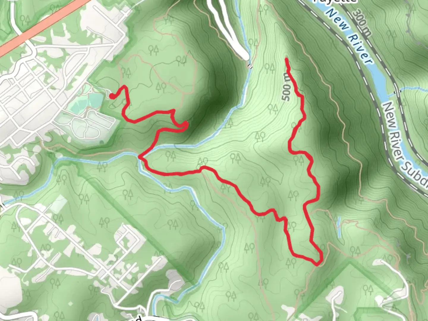 An image depicting the trail Fayetteville Trail and Long Point Trail and its surrounding area.