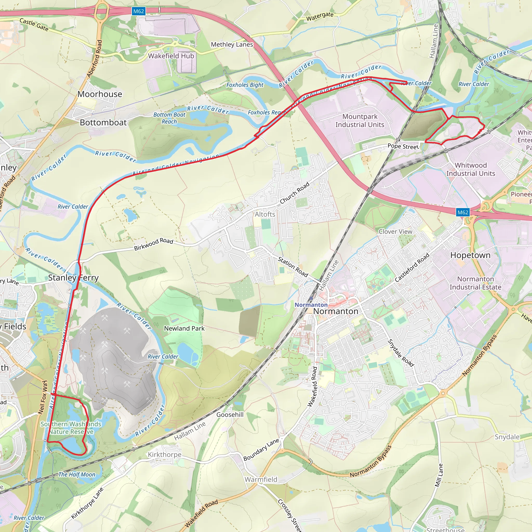 Southern Washlands Nature Reserve and Aire and Calder Navigation Walk - Whitwood mobile static map