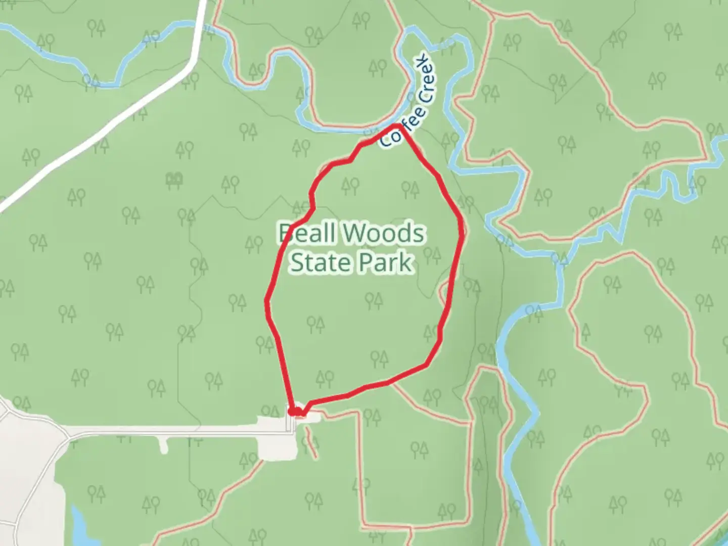 An image depicting the trail Tuliptree Loop Trail and its surrounding area.