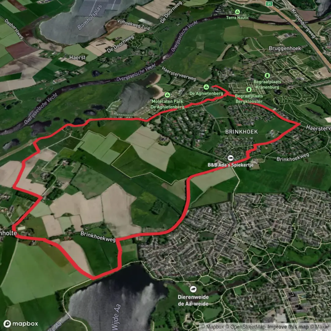 An image depicting the trail Wijde Aa via Brinkhoek Weg and Rondje Zwolle and its surrounding area.