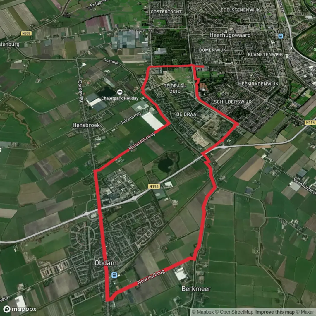 An image depicting the trail Noord Hollandpad and Molendijks Weg and its surrounding area.