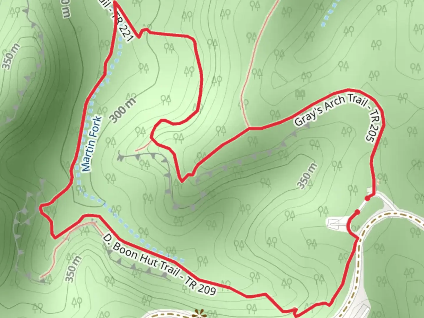 An image depicting the trail D Boon Hut Trail and Gray's Arch Trail Loop and its surrounding area.