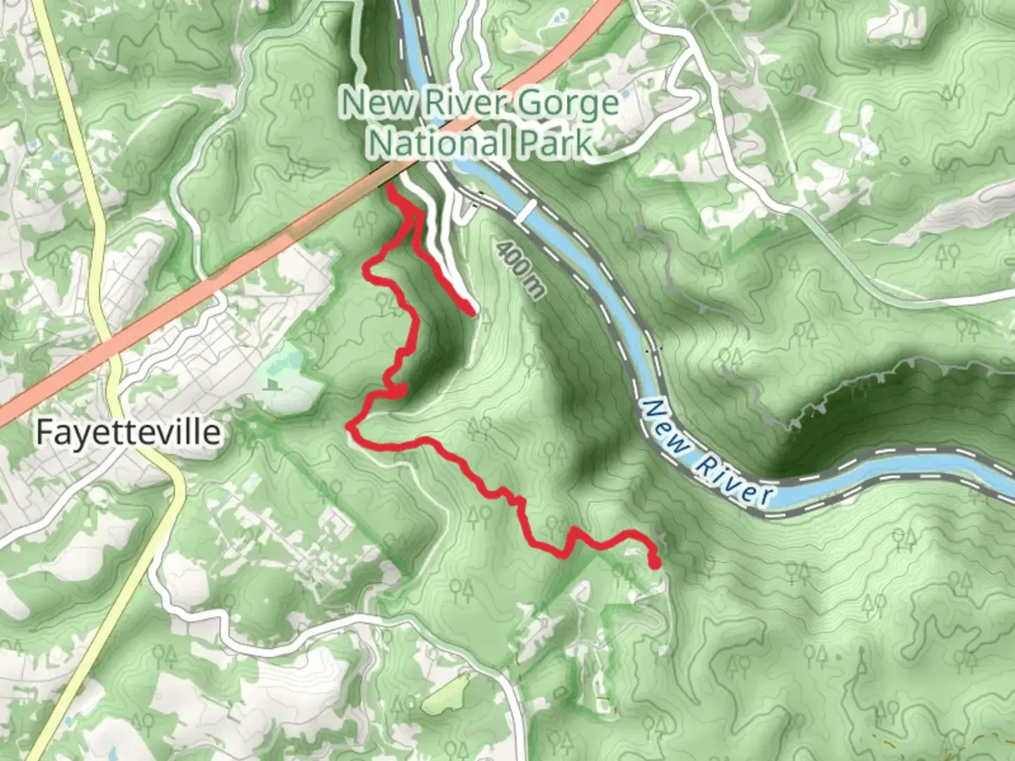 An image depicting the trail Wolf Creek Falls via Fayetteville Trail and its surrounding area.