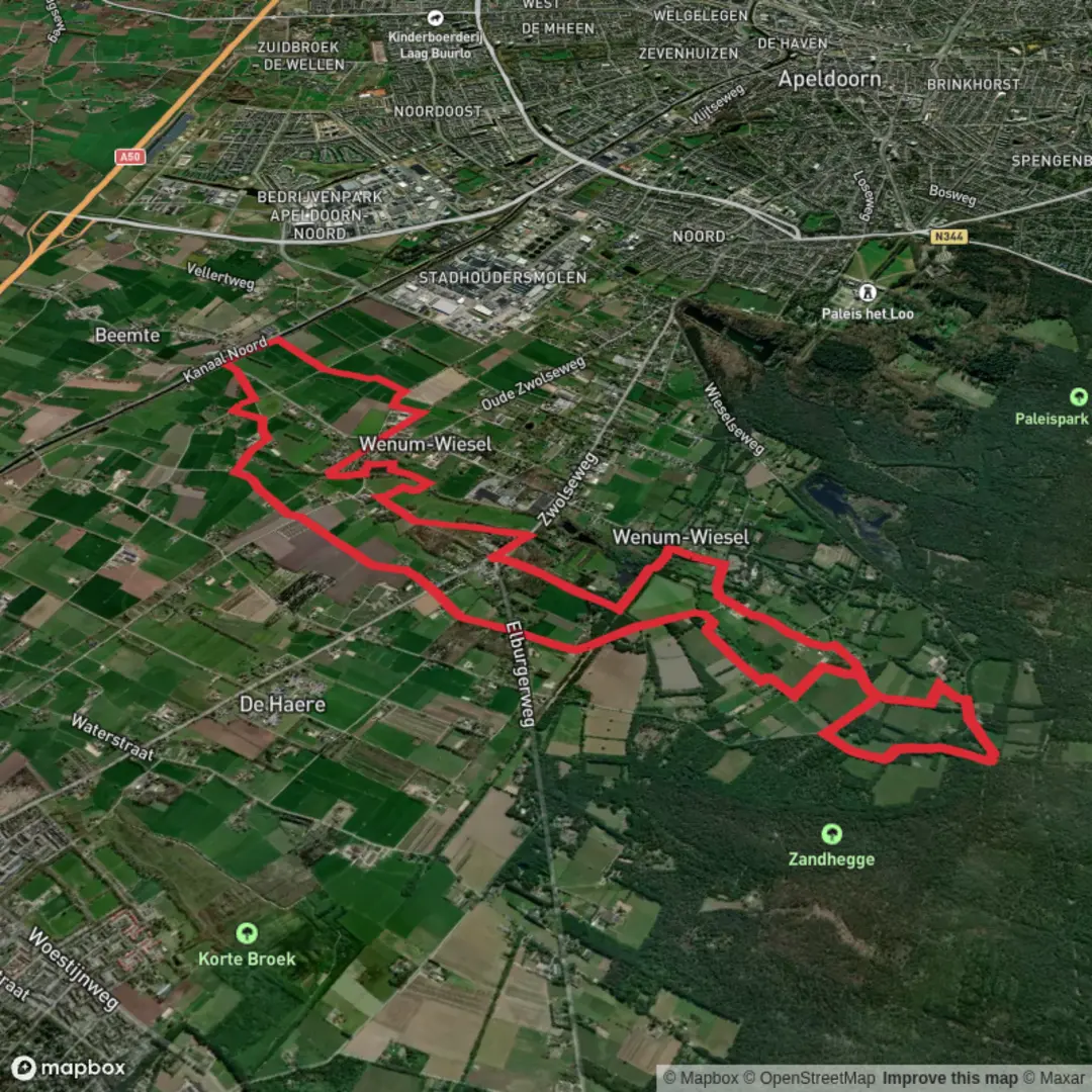 An image depicting the trail Wijer, Wenumse Beek via Kopermolenpad and Wenum Route Loop and its surrounding area.