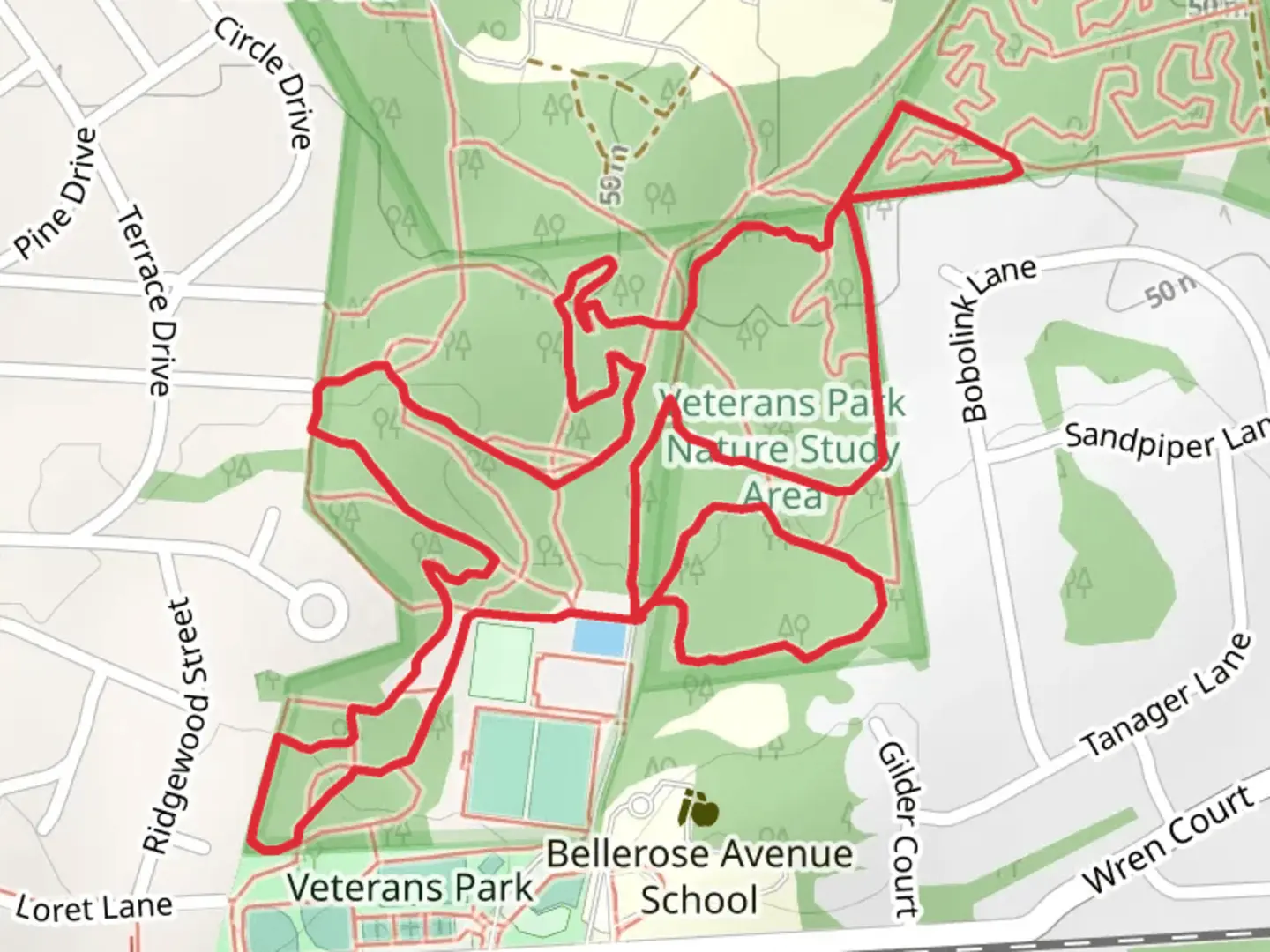 An image depicting the trail Bellerose Avenue Loop and its surrounding area.