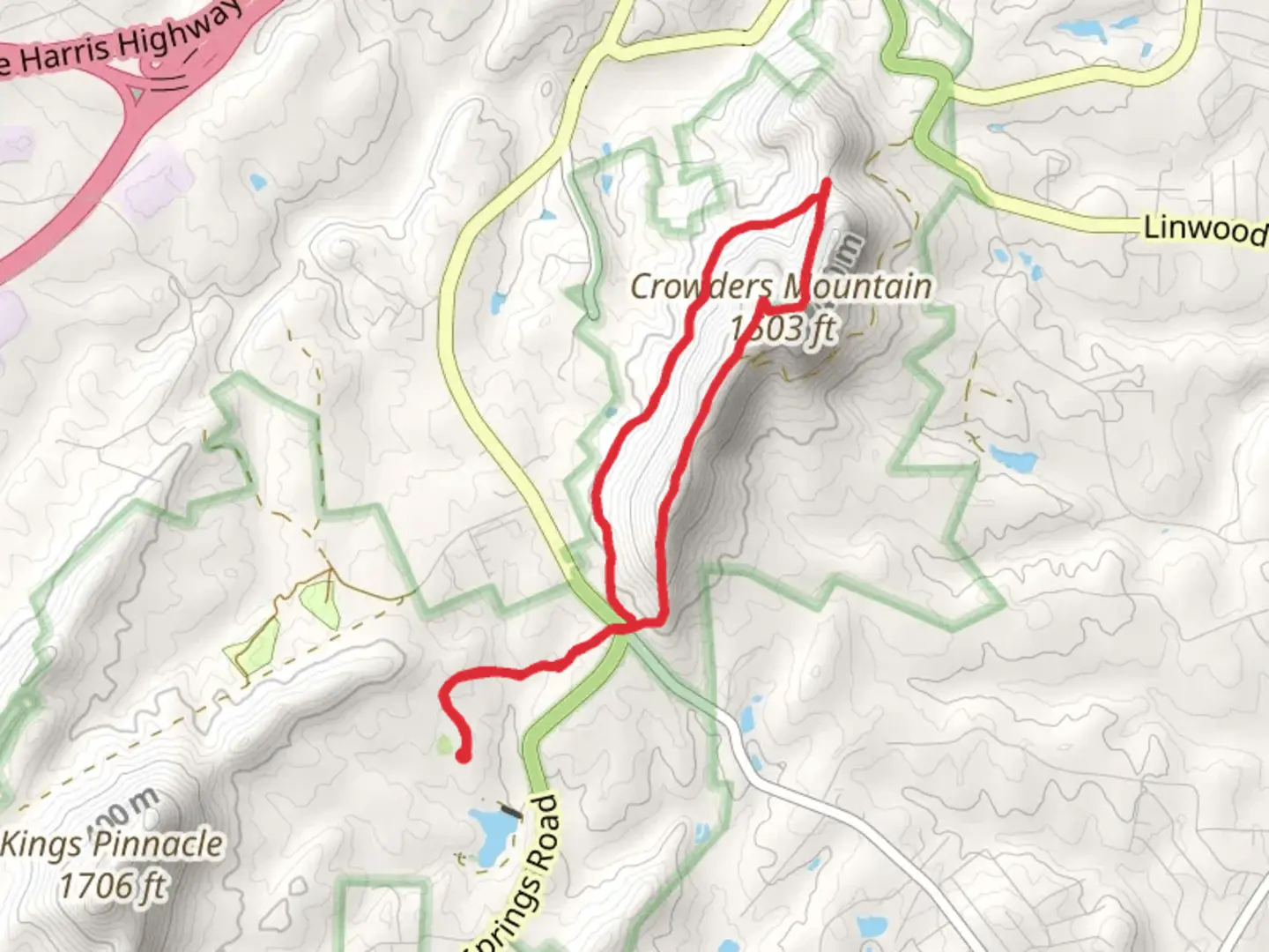 An image depicting the trail Crowders Mountain Loop and its surrounding area.
