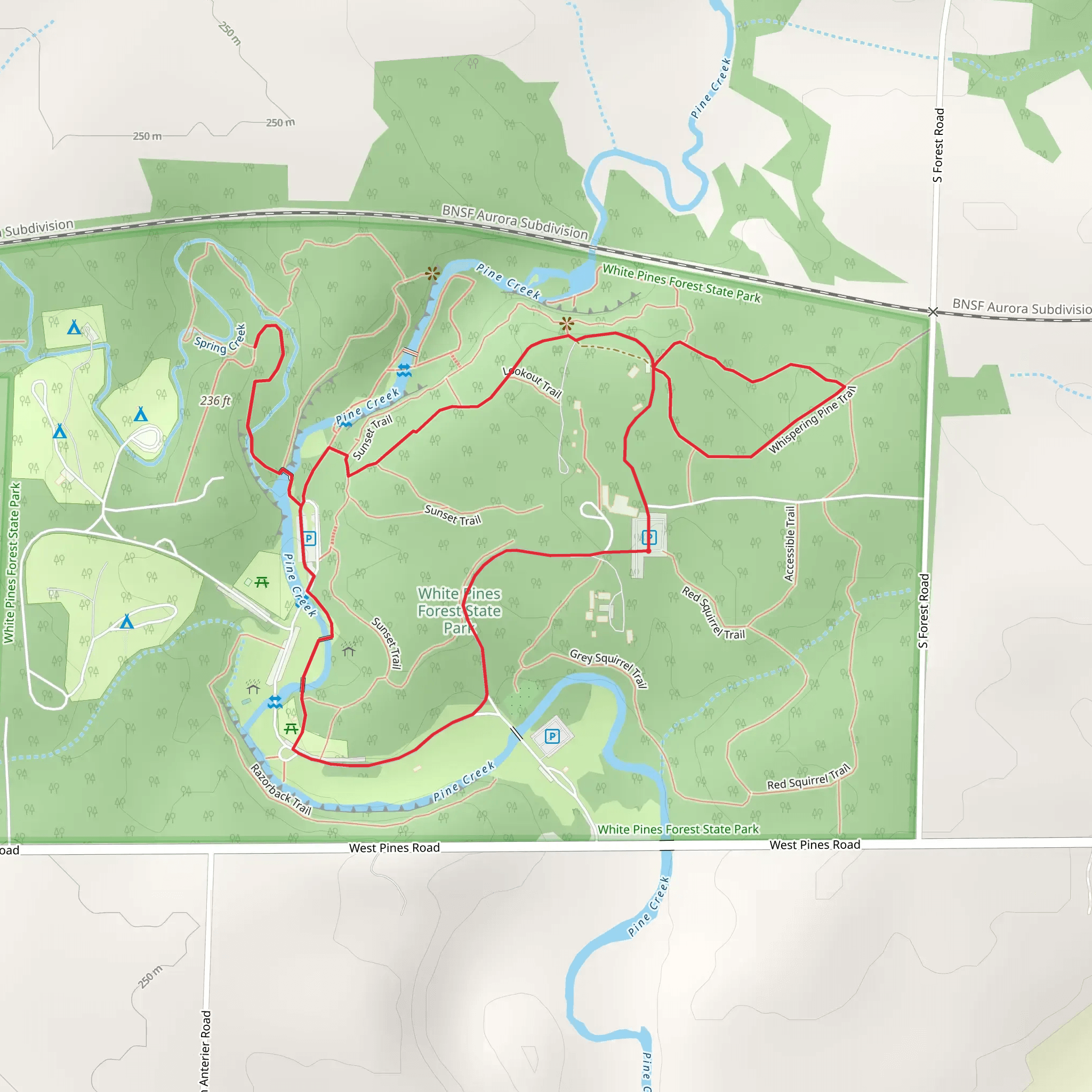 Sleepy Hollow, Sunset and Whispering Pine Loop Trail mobile static map